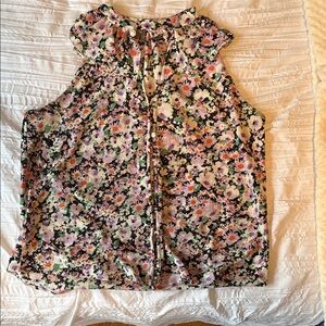 Anthropologie Floral Sleeveless Ruffled Keyhole Top in Black, Purple & Orange